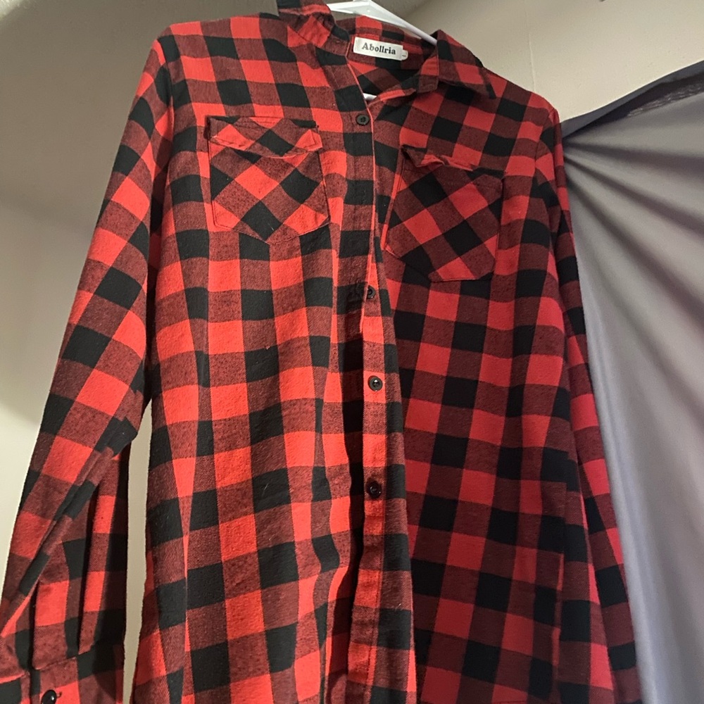 Abollria Women's Red and Black Plaid Button Down Shirt